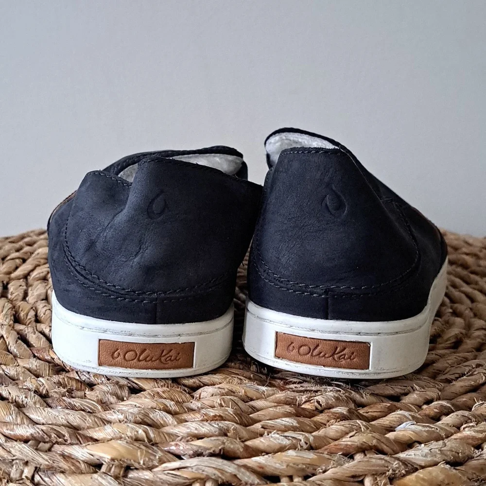 OluKai Womens Pehuea Heli Black Nubuck Suede Leather Slip-On‎ Casual Loafers S-8